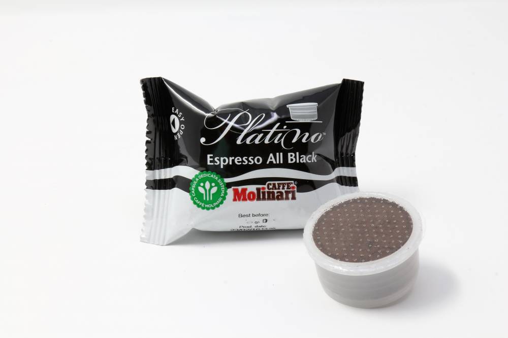 QUALITA´ PLATINO ESPRESSO ALL BLACK CAFFE´ MOLINARI CLONE LAVAZZA ESPRESSO POINT Confezione da 100 pezzi  Gusto e corpo più persistente con una miscela studiata per una tostatura più forte, scura e intensa