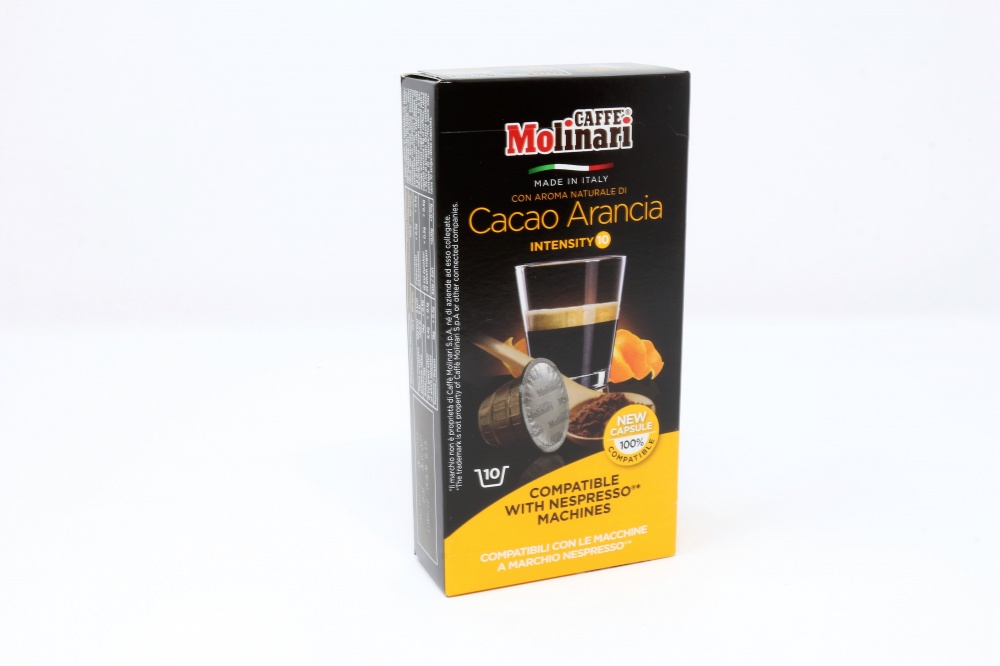 CACAO ARANCIA "CAFFE´ MOLINARI" CLONE NESPRESSO Confezione da 100 pezzi Preparato per bevanda a base di miscela di caffè tostato con aroma naturale di arancia ed aroma naturale di cioccolato in polvere confezionato io capsula monodose miscela di caffè tostato 97%, aroma naturale di arancia 2%, aroma naturale di cioccolato in polvere 1%