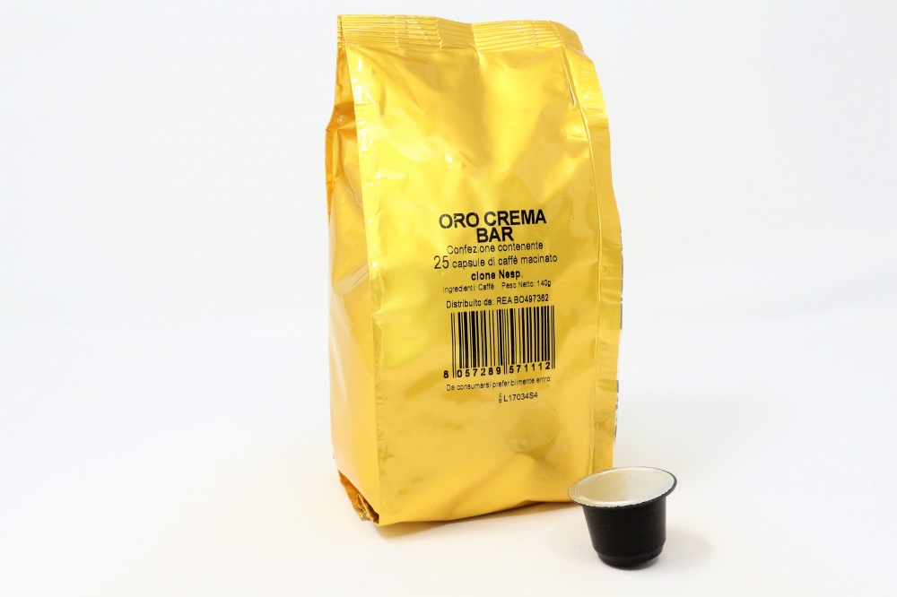 cialde caffè compatibile con macchine Nespresso torrefazione La Compatibile miscela Oro Crema Bar, tostatura forte e crema persistente