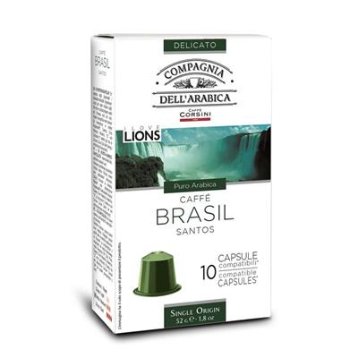 CONFEZIONE DA 10 CAPSULE BRASIL CAFFÈ CORSINI COMPATIBILI CON MACCHINE NESPRESSO® Compagnia dell´Arabica - I Love Lions  Caffè Brasil Santos, tostatura media, Puro Arabica, delicato con un richiamo al cioccolato