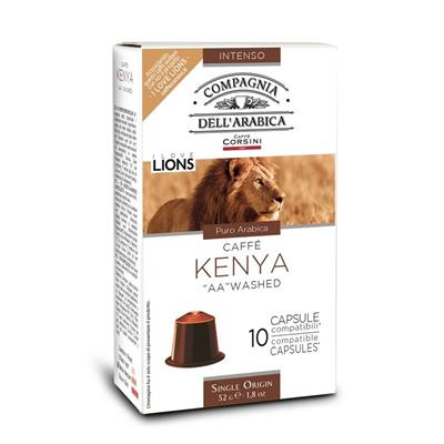 CONFEZIONE DA 10 CAPSULE KENYA CAFFÈ CORSINI COMPATIBILI CON MACCHINE NESPRESSO® Compagnia dell´Arabica - I Love Lions  Caffè Kenya AA Washed, tostatura media, Puro Arabica, vellutato , forte e note aromatiche